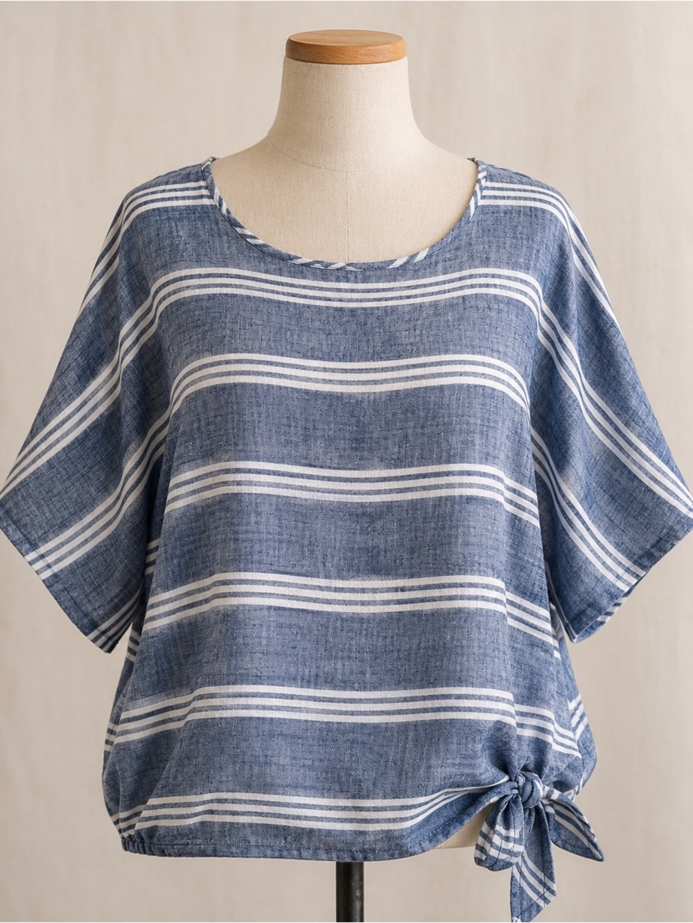Beachlunchlounge - Blue & White Striped Tie-Hem Linen Blend Tunic/Blouse